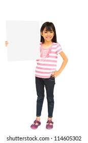 Smiling Asian Little Girl Holding Blank Sign, Isolated On White With Clipping Path