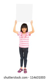 Smiling Asian Little Girl Holding Blank Sign, Isolated On White With Clipping Path