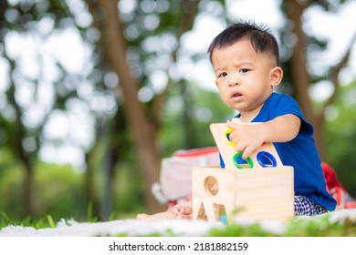 Smiling Asian Toddler Boy Play Wooen Toy On Green Grass Park Outdoor Activity