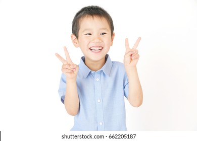 Smiling Asian Woman Peace Sign Boy