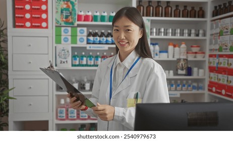 A smiling asian woman pharmacist stands in an organized drugstore holding a clipboard. - Powered by Shutterstock