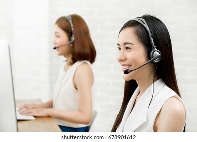 Smiling Asian Woman Telemarketing Customer Service Agent Team, Call Center Job Concept