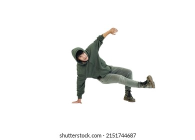 Smiling Asian Young Professional Dancer Man Is Break Dancing By Isolataed On White Background In Studio. Education And Sport For Hobbies Concept.