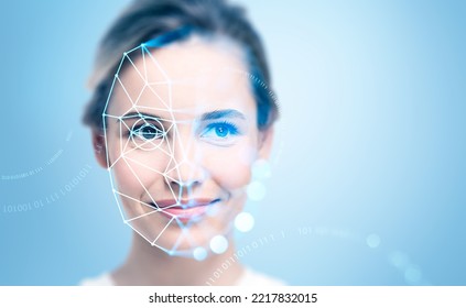 Smiling attractive businesswoman with facial recognition by digital interface with line connection hologram and binary code. Concept of modern technology of artificial intelligence biometric scanning - Powered by Shutterstock