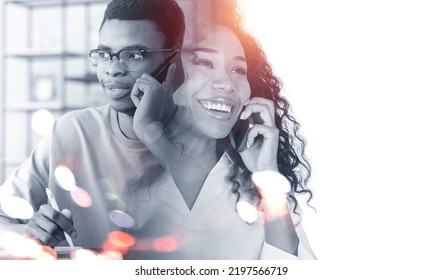 Smiling Attractive Businesswoman Wearing Formal Wear Is Talking To Businessman On Phone Discussing Business Arrangement. Concept Of Teamwork, Partnership, Communication, Coworking