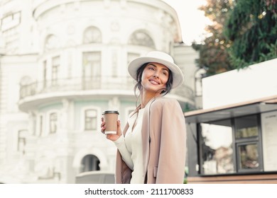 Smiling Attractive Woman With Cup Of Coffee Near Coffe Shop. Business Lady Have A Break