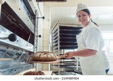 Smiling baker getting fresh bread with shovel out of oven
