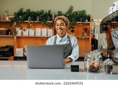 Smiling barista in apron typing on laptop at the counter. Cheerful coffee shop owner working while standing at the bar counter. - Powered by Shutterstock