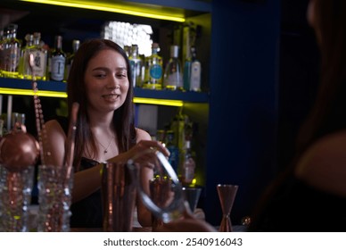 Smiling Bartender Serving Cocktail in Stylish Bar Setting   Attractive Woman Bartender Pouring Drink for Customer in Upscale Lounge or Restaurant Environment - Powered by Shutterstock