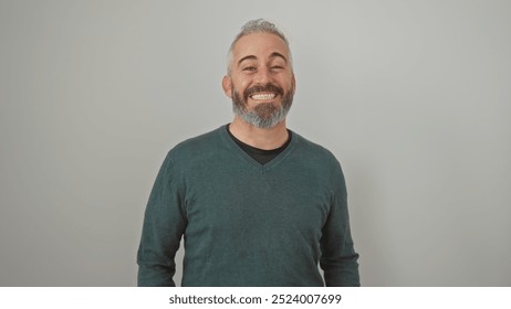 Smiling bearded man in casual wear against a white isolated background exudes approachability and ease. - Powered by Shutterstock