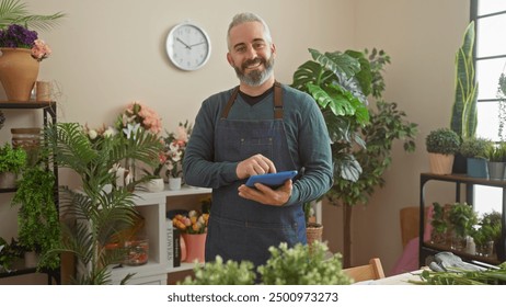 A smiling bearded man with a tablet stands in a flower shop surrounded by lush green plants and floral arrangements. - Powered by Shutterstock