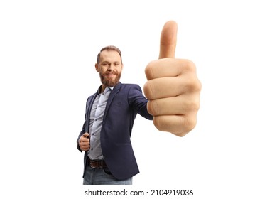 Smiling Beared Man Gesturing A Thumb Up Sign In Front Of Camera Isolated On White Background