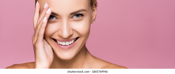 Smiling Beautiful Blonde Woman With Perfect Skin Isolated On Pink, Banner