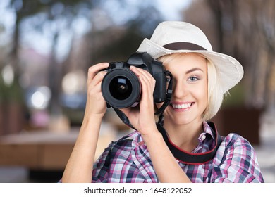 Smiling Beautiful Female Photographer Camera Stock Photo 1648122052 ...