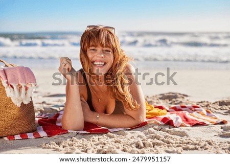 Image, Stock Photo Red-haired woman with camera enjoying outdoor adventure