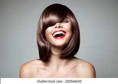Smiling Beautiful Woman With Brown Short Hair. Haircut. Hairstyle. Fringe. Professional Makeup. - Shutterstock ID 220564633