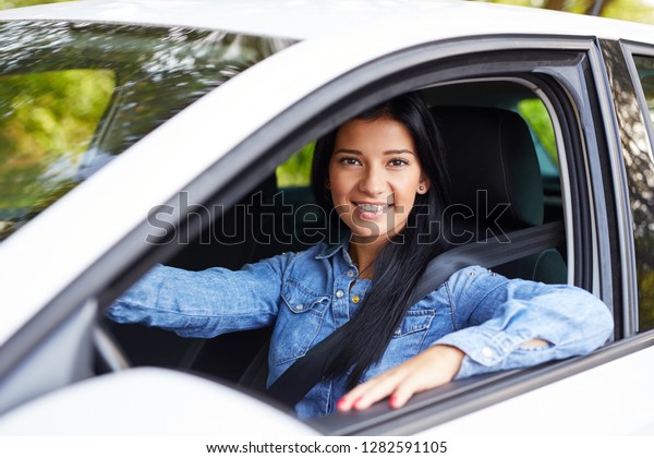 Smiling Beautiful Woman Driving Her Car Stock Photo 1282591105 