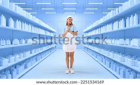 Smiling beautiful young woman, saleswoman in dairy department of store in retro style uniform posing over 3D model of supermarket background. Big sales, ad, concept. Monochrome