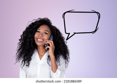Smiling black businesswoman talking the phone  african woman portrait purple gradient background  Copy space speech bubble  Concept communication 