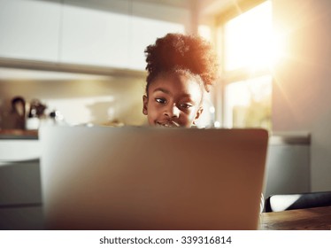 Smiling Black Girl With A Cute Hairstyle Sitting At A Laptop Computer Browsing The Internet And Her Social Media Or Working On Her Class Work From School, Sun Flare Behind