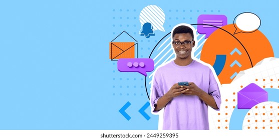 Smiling black man portrait using phone, colorful mock up speech bubbles, e-mail and internet communication. Concept of social media, mobile app and messenger - Powered by Shutterstock