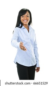 Smiling Black Woman Offering Hand For Handshake Isolated On White Background