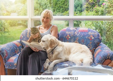 Smiling Blond Middle Aged Woman Is Reading A Book Sitting On The Couch Together With A Cat And Golden Retriever Dog. The Pets Are Looking At The Book.