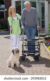  Smiling Blond Nurse Holding Onto Arm Of Senior Man  Helping Man With Walker Walk Dog On Leash Outdoors In Front Of Retirement Building On Sunny Day.