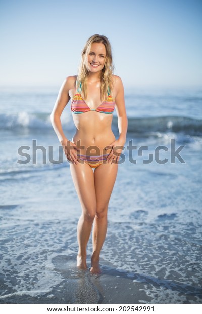 Smiling Blonde Standing On Beach Bikini Stock Photo Shutterstock