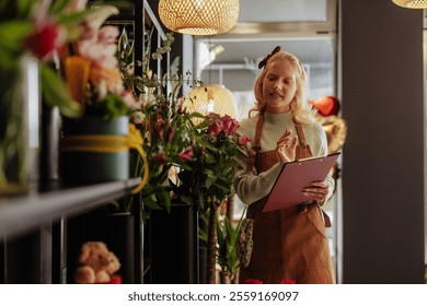 A smiling blonde woman with a clipboard is looking at various flowers inside a cozy flower shop with warm lighting - Powered by Shutterstock