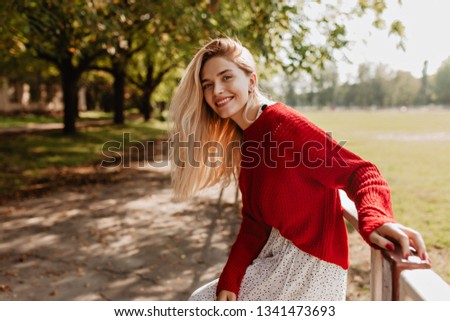 Similar – Image, Stock Photo Cute blonde woman, natural beauty. Young teenager girl on blue, charming smile