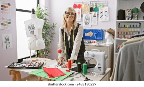 Smiling blonde woman tailoring in bright atelier with sewing machine, fabric, mannequin, and sketches. - Powered by Shutterstock