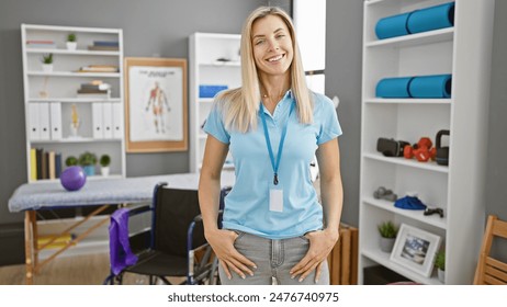 Smiling blonde woman therapist standing confidently in a physical rehab clinic's interior. - Powered by Shutterstock