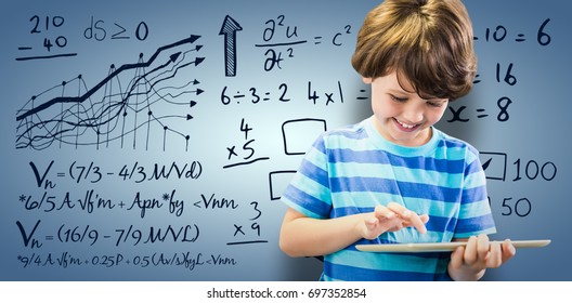 Smiling boy using digital tablet against purple vignette