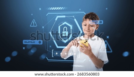 Smiling boy using smartphone with digital lock and warning icons, futuristic graphic style, blue background, concept of child online safety