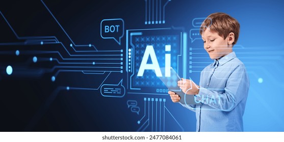 Smiling boy working in tablet, AI chip hologram hud with speech bubbles. Artificial intelligence helping student in education. Concept of machine learning, chat bot and online assistant