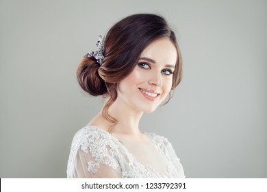 Smiling Bride With Makeup And Updo Hair Bridal Hairstyle