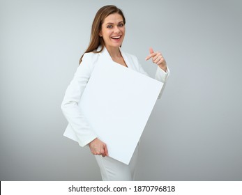 Smiling Buisness Woman Shoving Empty White Banner. Isolated Female Portrait On White Back.