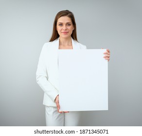 Smiling Buisness Woman Shoving Empty White Banner. Isolated Female Portrait On White Back.