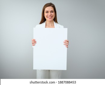 Smiling Buisness Woman Shoving Empty White Banner. Isolated Female Portrait On White Back.