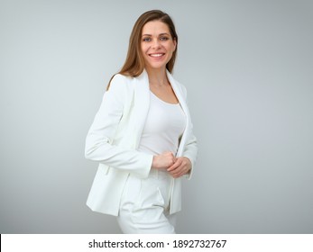 Smiling Buisness Woman In White Suit. Isolated Female Portrait On White Back.