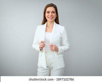 Smiling Buisness Woman In White Suit. Isolated Female Portrait On White Back.