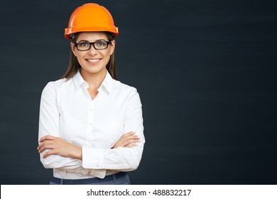 Smiling Business Builder Woman Portrait On Black.