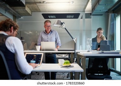 Smiling Business Colleagues Using Laptops While Working At Creative Office With Glass Shields During Pandemic