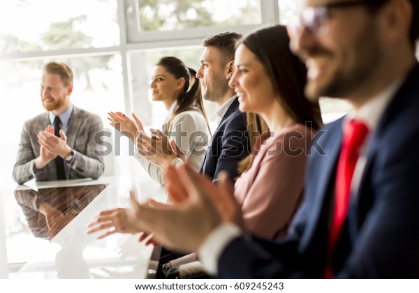 Smiling Business Group Clapping Hands Meeting Stock Photo 609245243 ...