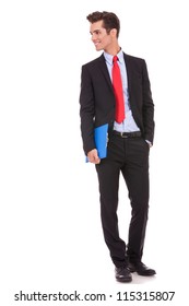 Smiling Business Man With A Clipboard Looking To His Right Side On White Background