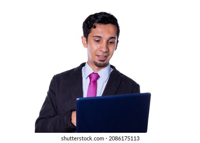 Smiling Business Man Using Small Dark Blue Laptop, Isolated On All White Background.