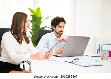 Smiling Business People Using A Laptop Computer In Their Office. Shallow Depth Of Field, Focus On The Man