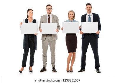 Smiling Business Team Holding Blank Cards Isolated On White