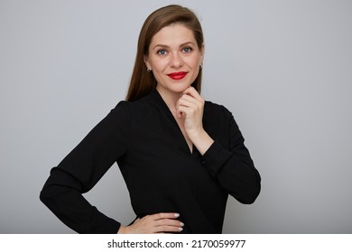 Smiling Business Woman In Black Holding Hands On Hip, Isolated Female Office Worker Portrait.